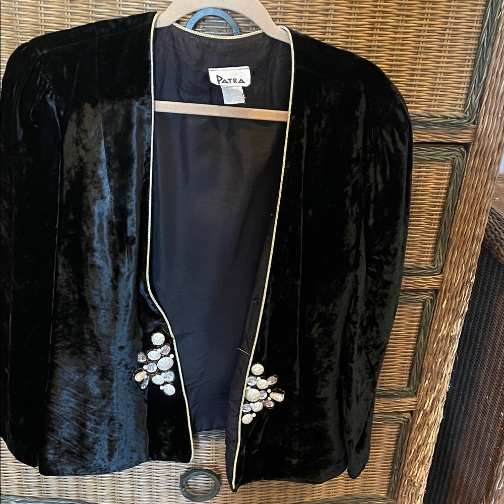 Vintage Black Velvet Blazer with Crystal Appliqués